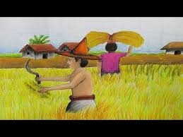 How To Draw A Village Landscape Where Farmers Harvesting Paddy On Fields Episode 12 Youtube Drawings Drawing Images Farmer