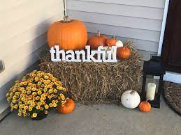 Fall Porch Decor Hay Bale 6 From Lowe S Lantern From Tj Maxx Thankful Sign From Hobby Lobb Fall Front Porch Decor Fall Decorations Porch Fall Patio Decor