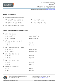 All the problems in the worksheets on this page are exact each worksheet is randomly generated and thus unique. Class 8 Math Worksheets And Problems Division Of Polynomials Edugain India