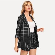 Black And White Plaid Blazer And Skirt Set Black And White Plaid Notched Blazers With Self Tie Waist Shorts Womens Two Piece Sets 2019 Elegant Jkp1540 Blazer Shorts Tie Waist Shorts Two Piece Outfit