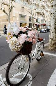 The basket on this bike is full of flowers and other decorative elements perfect for a front yard garden. White Bike Filled With Flowers In The Basket By Rein Cheng