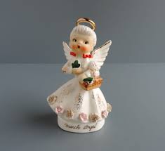 Vintage March Angel Of The Month Figurine With Open Mouth Mid Century Irish Girl Shamrocks Roses Spaghett Angel Figurines Mid Century Christmas Figurines