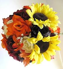 Plant or animal product type. Amazon Com Wedding Flowers Silk Bridal Bouquet Burgundy Orange Yellow Sunflowers Brown 17 Piece Package Wedding Bouquets Wedding Flower Arrangements Rosesanddreams Home Kitchen