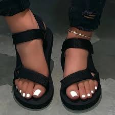 Black Ankle Strap Sandals Flat Flat With Open Toe Ankle Strap Velcro Plain Sandals In 2020 Ankle Strap Flats Womens Summer Shoes Open Toe Flats