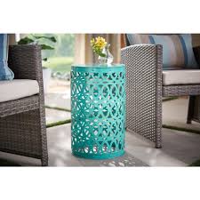 The metal seems powder coated and durable much more than just paint. Hampton Bay 19 4 In Haze Teal Blue Metal Outdoor Patio Garden Stool Hd18107h The Home Depot