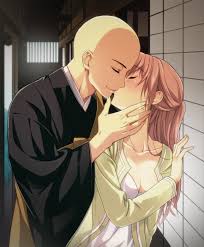 nyoro (nyoronyoro000), highres, 1boy, 1girl, bald, blush, breasts, brown  hair, cardigan, cleavage, closed eyes, fukaya mio, hetero, kiss, kujo  takahide, long hair, monk, smile, souryo to majiwaru shikiyoku no yoru  ni..., sweat -