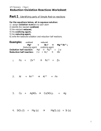 A worksheet that helps with balancing redox reaction with answer to help understand. Chap 4 Red Ox Worksheet Redox Rxns Wksht 15