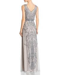 Adrianna Papell Embellished Mesh Gown Pewter Silver Formal Evening Dresses Designer Evening Gowns Dresses