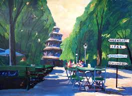 Munich Chinese Tower Signpost In English Garden By M Bleichner Garden Painting Fine Art Painting City Painting