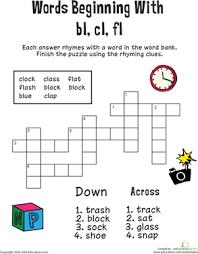 Blends worksheets for first grade consonant 1 phonics pdf. Consonant Crossword Words Beginning With Bl Cl Fl Worksheet Education Com