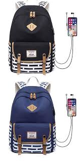 Fresh Usb Interface Dot Double Buckle Canvas College Large Backpack Stripe High School Bag High School Bags School Bags High School Backpack