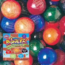 A female mouth blowing a bubblegum bubble. Dubble Bubble Painterz Gumballs 850 Count Bulk