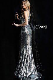 Black And Silver Formal Dresses Jovani Dress 63510 Jovani 63510 Black And Silver Metallic Fitted Prom Dress Prom Dresses Prom Dresses Sleeveless Feather Prom Dress