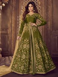 Shamita Shetty Mehndi Green Designer Lehenga Style Suit Online Which Is Crafted From Silk Fabric With Exclusive Emb Bollywood Dress Anarkali Gown Lehenga Style