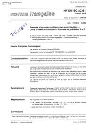 , ou marque nationale de conformité aux normes. Norme Nf En Iso 20361 Pompes Et Groupes Motopompes Pour Liquides Code D Essai Acoustique Classes De Precision 2 Et 3 En Pret Au Cidb Recherche Mediatheque Ressources