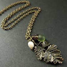Bronze Leaf Necklace Fern Leaf Necklace With Clouded Green Teardrop And Fresh Water Pearl Handmade Jewelry Leaf Necklace Teardrop Jewelry Purple Dangle Earrings