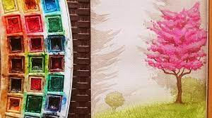 تعليم الرسم بالالوان المائية كيف ترسم منظر طبيعي شجر وردي و عشب المنظور اللوني youtube
