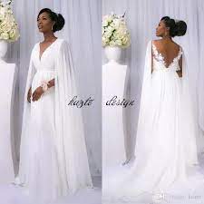 Discount African 2018 White Chiffon Cape Sleeve Beach Country Wedding Dresses Cheap Backless V Neck Greek Goddess Beach Bridal Gowns Custom Made Weddings Ball G Cape Wedding Dress Chiffon Wedding Dress