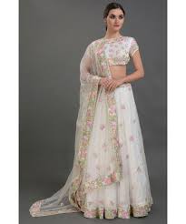 Mand creationsdesginer of suits, sarees, lehengas, party wear dresses, salwar suit, neck designs, churidar designs, sari blouse. Pearl White Floral Resham Sequin Embroidered Lehenga Outfit