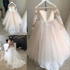 2018 Ball Gown Long Sleeves Flower Girl Dresses For Wedding Lace Appliqued Little Girls Pageant Gowns Tulle Sheer Neck First Communion Dress