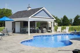 The luxury outdoor living space comes equipped with advanced roll down shades, a gas fireplace, outdoor kitchen with grill, and television. Pool Houses For Sale Pa Nj Ny Free Quote Homestead Structures