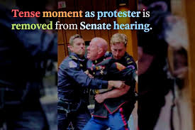 Marine veteran Brian McGinnis was injured during a US Senate hearing after he loudly protested against the Iran war. A scuffle broke out when Capitol Police tried to remove him, leaving McGinnis