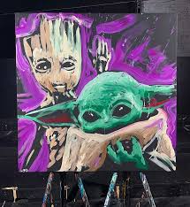 Baby groot and baby yoda shirt, hoodie and sweater hoodie sweater. Baby Yoda Vs Baby Groot Painting Revelsite