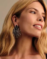 Spiderweb Silver Statement Earrings in Black Crystal