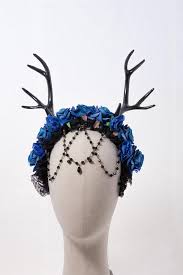 Gothic Black And Blue Roses Blue Roses Fantasy Gothic Antler Deer Headdress Forest Goddess Blue Accessories Blue Roses Headdress