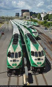 Toronto Greater Toronto Area Suburban Commuter Trains Go Trains Assembled And Ready For The Morning Rush Go Transit Train Commuter Train