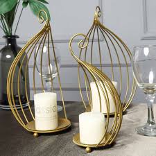 Hanging Wrought Iron Candle Holder Set For Centerpieces Set Of 3 Metallic Gold Bird Cage Candle Holder Set Masa Susu Mumluklar