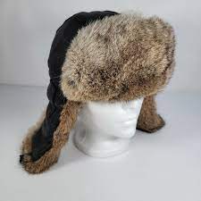 Mad Bomber Rabbit Fur Hat Black Size Small Trapper Ear Flaps Warm Strap  Leather | Ebay