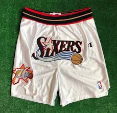 Philadelphia 76ers sixers shorts nike basketball allen iverson era vintage sz m. 2001 Philadelphia Sixers 76ers Big Patch Custom Authentic Champion Nba Shorts White Size Large Rare Vntg