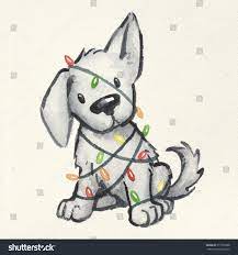 Stock Photo Cute Puppy Dog Wrapped In Christmas Tree Lights On Yellowed Vintage Background Hand Painted And 511818 Xmas Drawing Christmas Drawing Cute Drawings