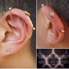 The Coolest Industrial Piercing Project Ever Made Complete With Gold Chain Piercing Earpie Earings Piercings Cute Ear Piercings Industrial Piercing Jewelry