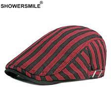 Showersmile Red Black Striped Mens Berets 100 Cotton British Style Vintage Flat Caps For Men Spring Summer Artist Hat Chapeau Men S Berets Aliexpress