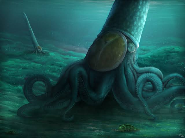A prehistoric endocerid resting on the seabed using camouflage to hunt, do AI tạo