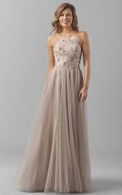 Curvy A Line Champagne Halter Backless Tulle Long Bridesmaid Dress 87 25 Watters Bridesmaid Dresses Maid Of Honour Dresses Lace Bridesmaid Dresses