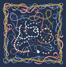 100 silk illustrated scarf navy ribbons chains pearls by emmakisstina desenler sal esarp