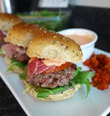 Sun Dried Tomato Mini Burger W Prosciutto Red Pepper Aioli Recipe Healthy Beef Recipes Stuffed Peppers Mini Burgers
