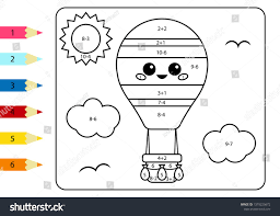 Coloring Page By Numbers Kawaii Cartoon Hot Air Balloon Activity Worksheet Addition And Subtraction Educat Coloring Pages Cartoon Educational Games For Kids