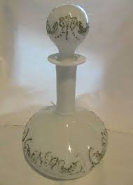 Milk Glass Antique Decanter w Original Stopper Satin Opal Barber 9 1/4" H  6" D