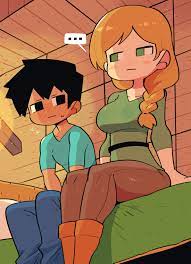 rariatto (ganguri), alex (minecraft), steve (minecraft), minecraft,  absurdres, highres, 1boy, 1girl, bed, black hair, blush, boots, braid,  flying sweatdrops, looking at another, orange hair, side ponytail, sitting,  sweatdrop, v-neck - Image View - |