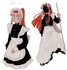 rakudai ninja rantarou, character request, highres, 2boys, alternate  costume, apron, black dress, cane, clenched hand, cropped legs,  crossdressing, curtained hair, dress, enmaided, face in shadow, frilled  dress, frilled hairband, frills, hairband, half ...