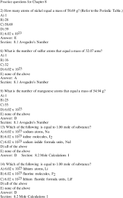 A counting number (like a dozen) avogadro s number (n a ) 1 mole = 6.022 10 23 representative particles b. Practice Questions For Chapter 8 Pdf Free Download