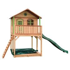 Das häuschen auf ständern hat eine echte veranda und mit der kleinen rutschbahn rutscht man so wieder nach unten! Garten Spielhaus Stelzenhaus Andy Holz Braun Grun Mit Sandkasten Und