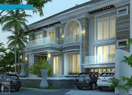 Atapnya di desain flat atau datar, dengan halaman rumah yang dihiasi 39. Rumah Klasik 2 Lantai Semybasement Desain Mewah Mediteran 1000 M2