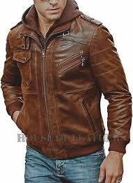 Mens Distressed Biker Brown Vintage Cafe Racer Real Leather Detach Hood Jacket Brown Leather Motorcycle Jacket Leather Jacket Genuine Leather Jackets