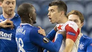 The rangers substitute kemar roofe is shown a red card by the referee orel grinfeld after fouling the slavia prague goalkeeper ondrej koler. Hmqgpcujvknagm
