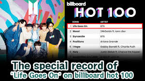Its data, published by billboard magazine and compiled by mrc data, is based collectively on each song's weekly physical and digital sales, as well as the amount of airplay received on american radio stations and streaming on online digital music outlets. The Special Record Of Life Goes On On Billboard Hot 100 Youtube